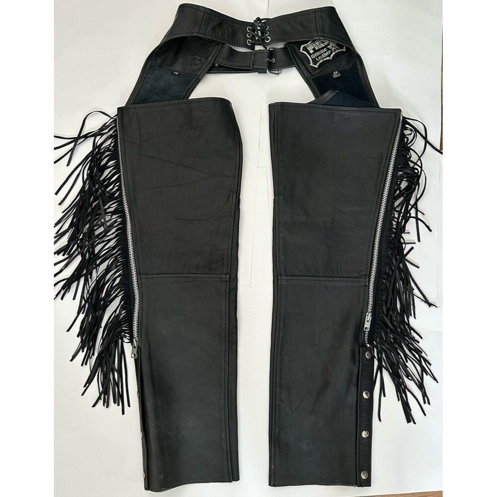 First Genuine Black leather chaps Size XS w/ batwing fringe
